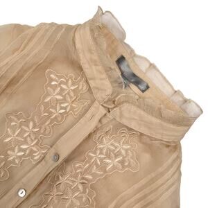 Vintage Silk Floral Embroidered Sheer Chiffon Blouse Y2K Romantic Boho Small